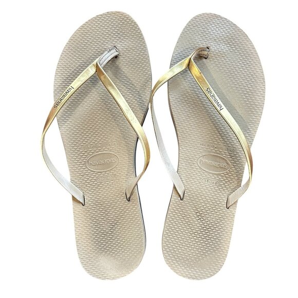 HAVAIANAS Metallic Gold and tan Flip FLops Thongs Flats Size 9/10W - Picture 1 of 7